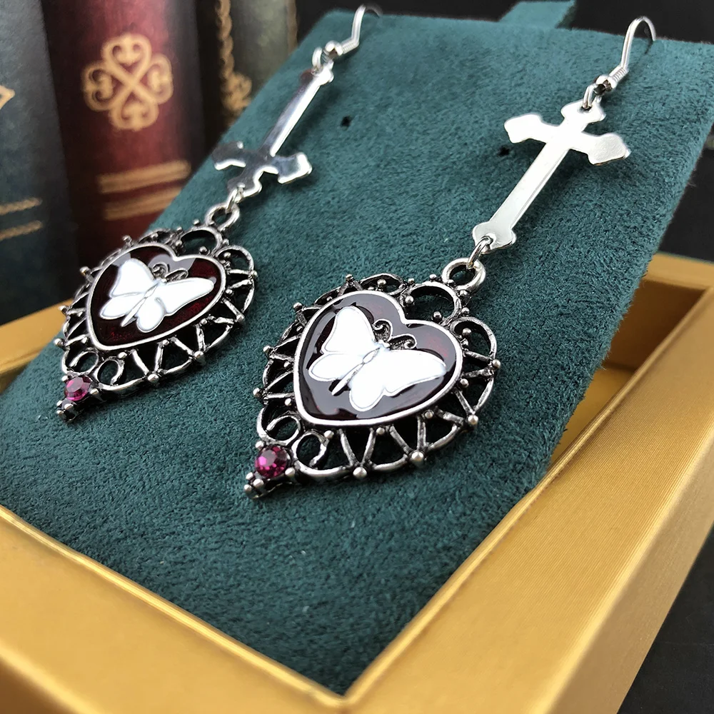 Женские и мужские серьги-бабочки в стиле готического панк с крестом сердцем