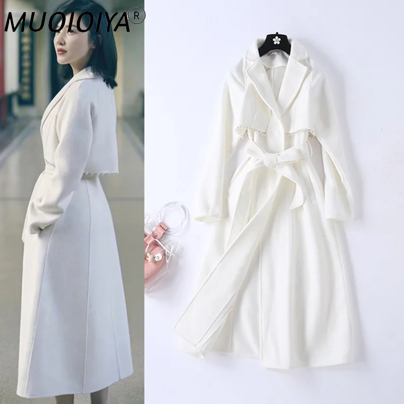 

2021 New Arrival Pearl Design White Black Wool Coat Women Winter Warm Woolen Long Trench Coats Elegant Ladies Outwear Female