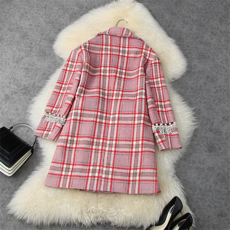 

Elegant Beading Tassel Vintage Winter Loose Woolen Jackets Coats Turn Down Collar Plaid Women Long Overcoat Female Outerwear