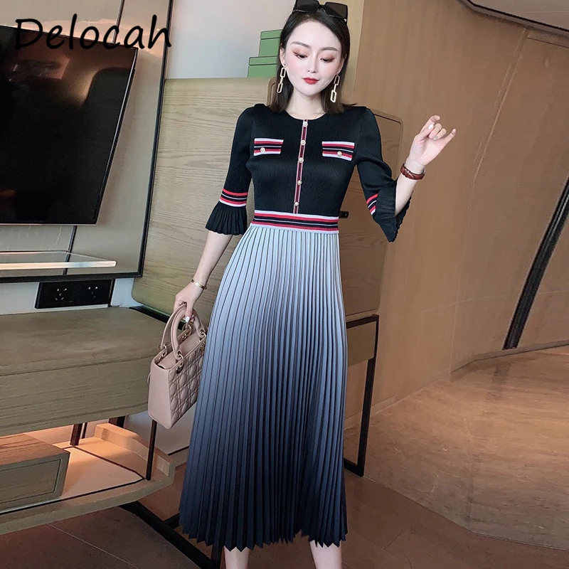 

Женское плиссированное платье Delocah, подиумное вечернее платье средней длины с рукавами-фальш-карманами и высокой талией, весна 2021