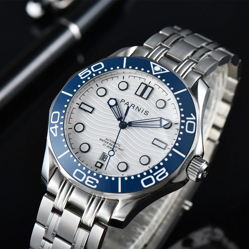 

Fashion Parnis 42mm Blue Rotating Bezel Automatic Mechanical Men's Watch White Dial Miyota 8215 Movement Wristwatch 2021 Gift