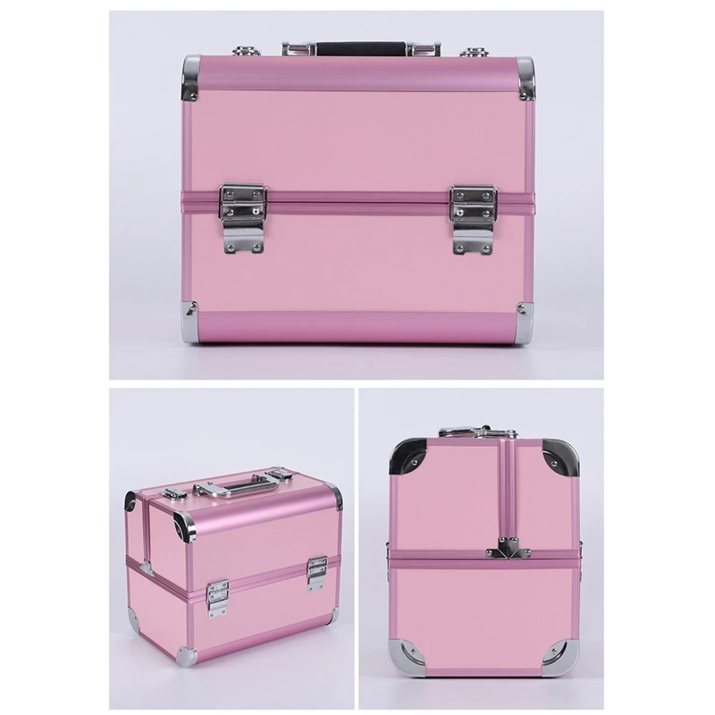 

New Multifunctional Cosmetic Bag Aluminum Cosmetic Case Large-Capacity Multi-Layer Storage Suitcase(Pink)