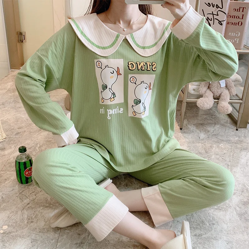 

Comfortable Home Service Cartoon Pajamas Women's Cotton Long Sleeve Sleepwear Loose Bathrobe Plus Size New Arrival Pijama Mujer