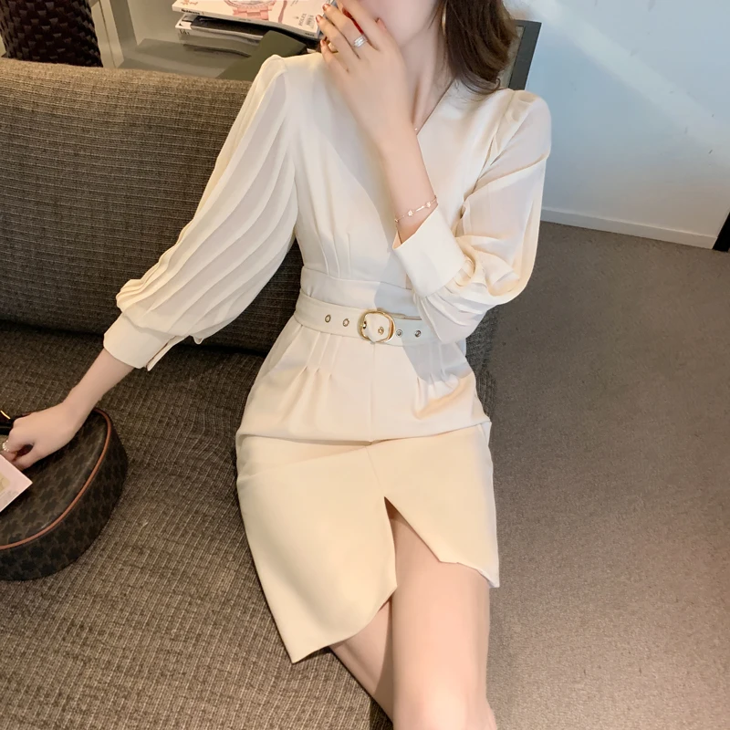 

Women's Fashion Dress 2021 Spring Summer Puff Sleeve Elegant Sexy Split Party Vestidos Party Office Dress