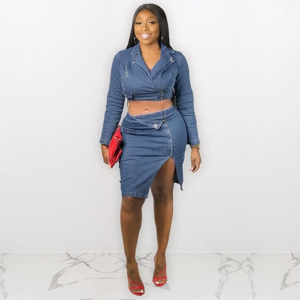 Сексуальный женский комплект ковбойский Джинсовый укороченный топ + юбка