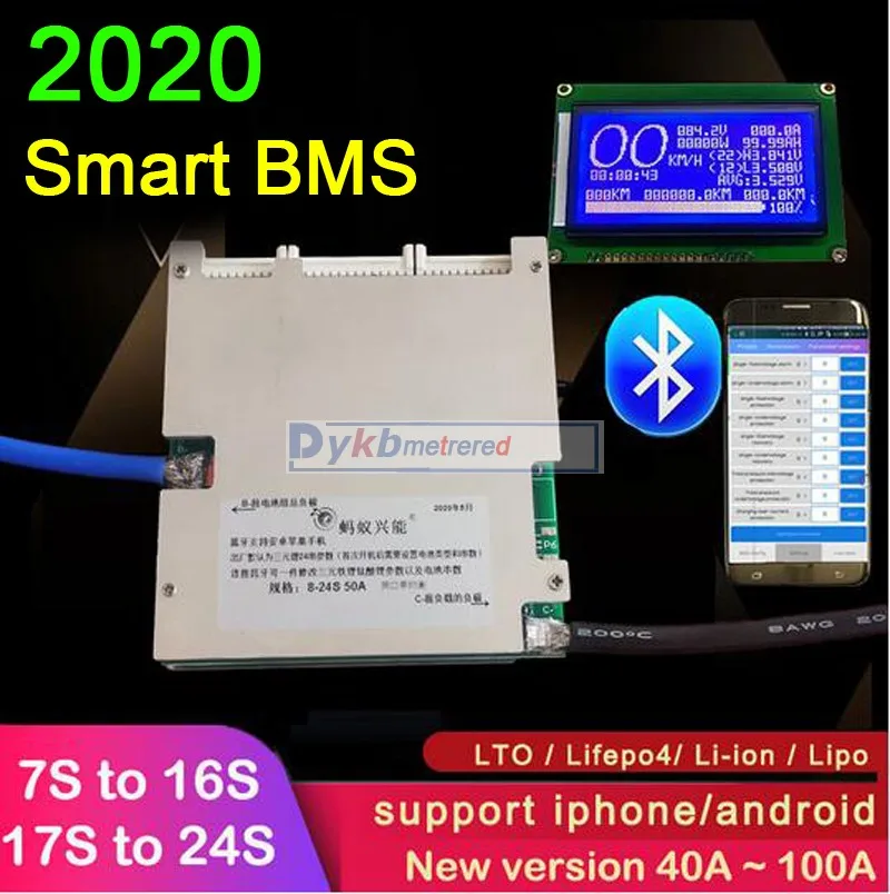 Умная плата защиты литиевых аккумуляторов от 7S до 24S BMS Bluetooth 50A 100A li ion Lifepo4 LTO 24 В 36 48