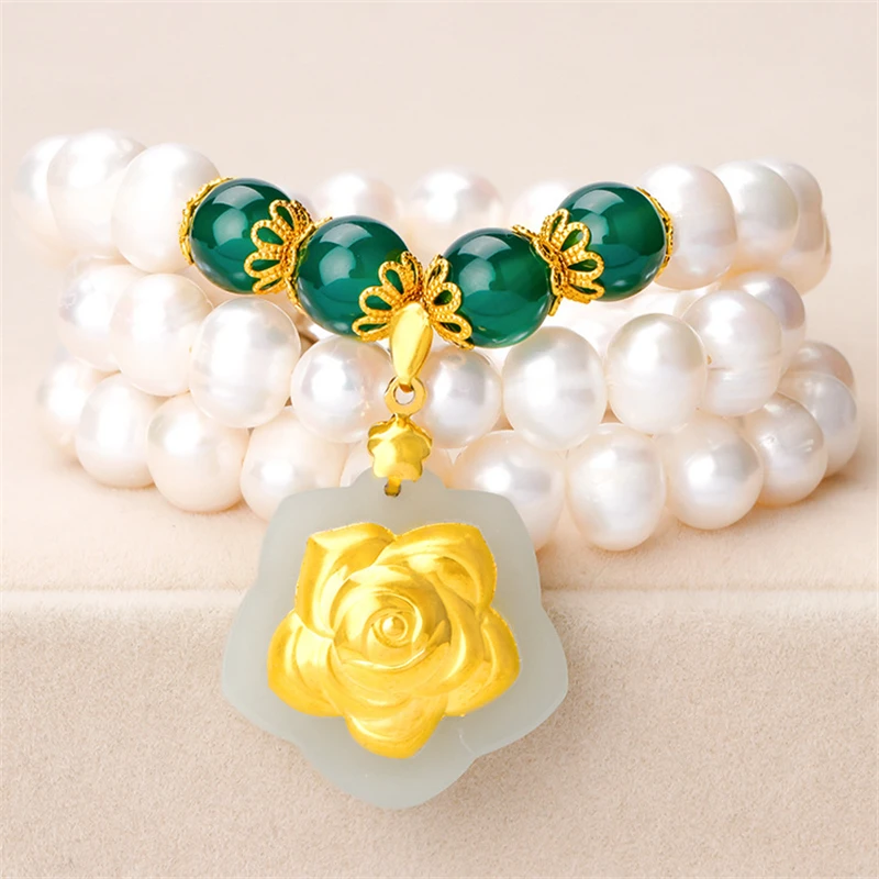 

HABITOO 999 Gold and Jade Flower Pendant 7-8mm White Freshwater Pearl Green Jade Bead Choker Necklace for Women Fashion Jewelry