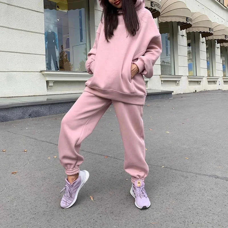 

Two Piece Casual Fleece Tracksuit Women's Sets Oversized Hooded Long Sleeve Women Hoodie Suit Winter Solid Sport Pants Lady Set
