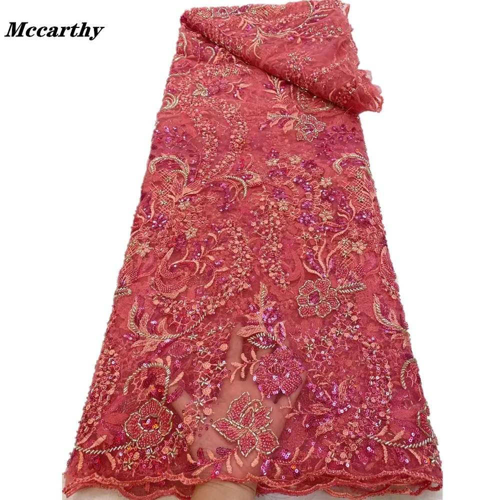 

Mccarthy Red Luxury Handmade Beaded French Lace Fabric 2021 Embroidery African Sequins Lace Fabrics With Beads Mesh For Wedding
