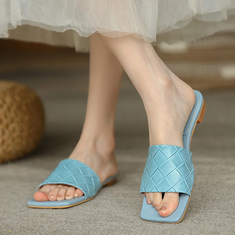 

Шлепанцы женские кожаные, сланцы с переплетением, открытый носок, плоская подошва, повседневные пляжные, летние Тапочки