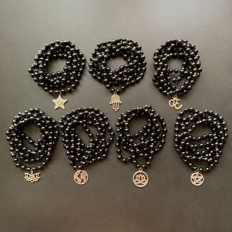 

Natural black obsidian crystal Beads Stone Necklace 108 Beads Buddhist Mala Necklace Healing Beads Lotus OM Pentagram Ornament