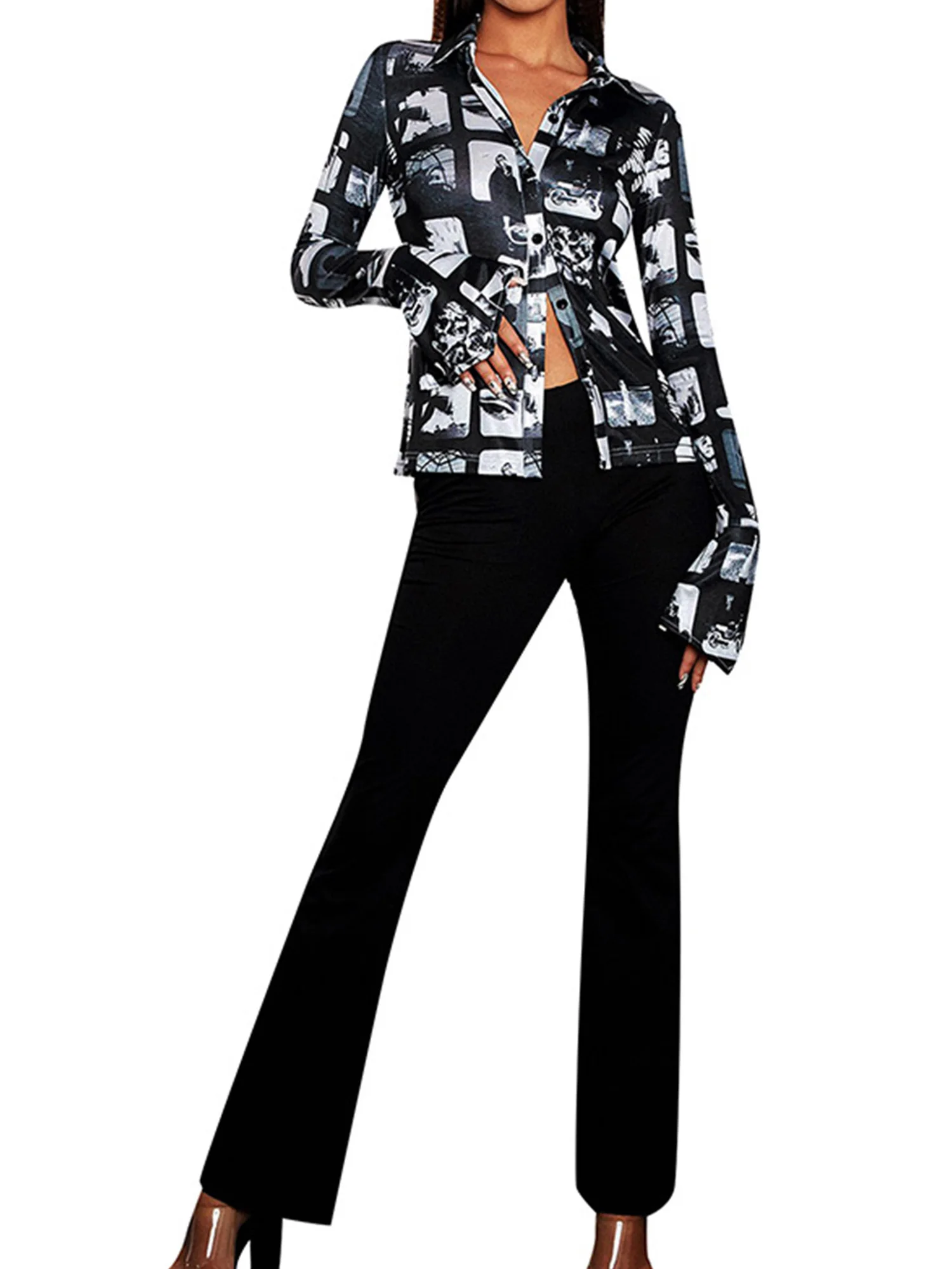 

Женская рубашка, Модная креативная женская блузка с цветочным принтом, отложным воротником и длинным рукавом, повседневные топы для весны и...