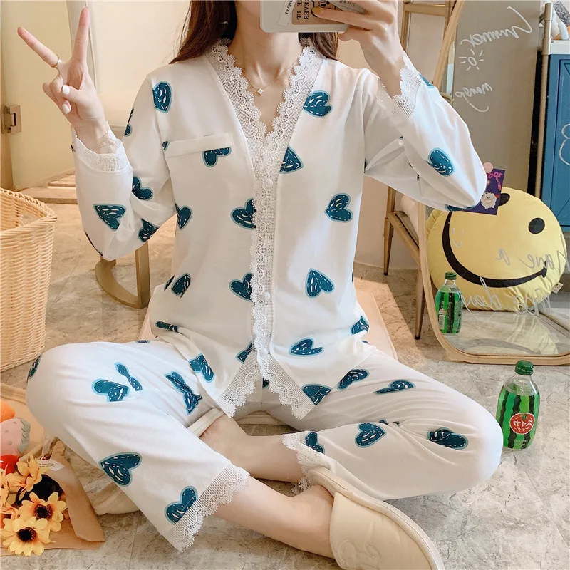 

Autumn Cotton Pajamas Women Cardigan Long-sleeved Pajamas Sweet Temperament Casual Noble and Comfortable Lace Suit Home Service