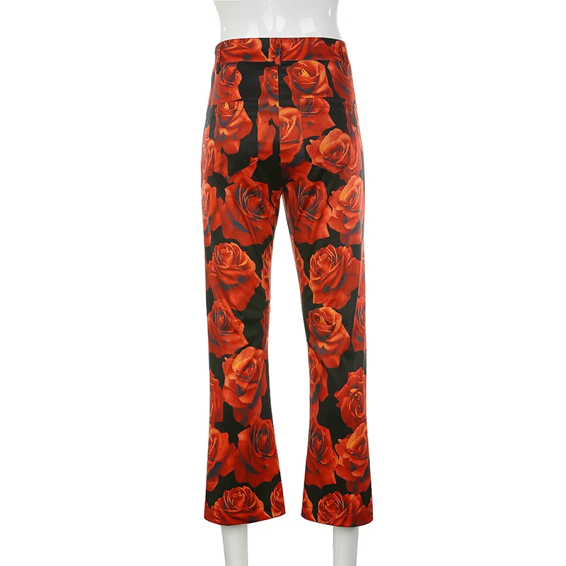 

Floral Print Button High Waist Straight Trousers Women Red Streetwear Fashion Pants Femme 2019