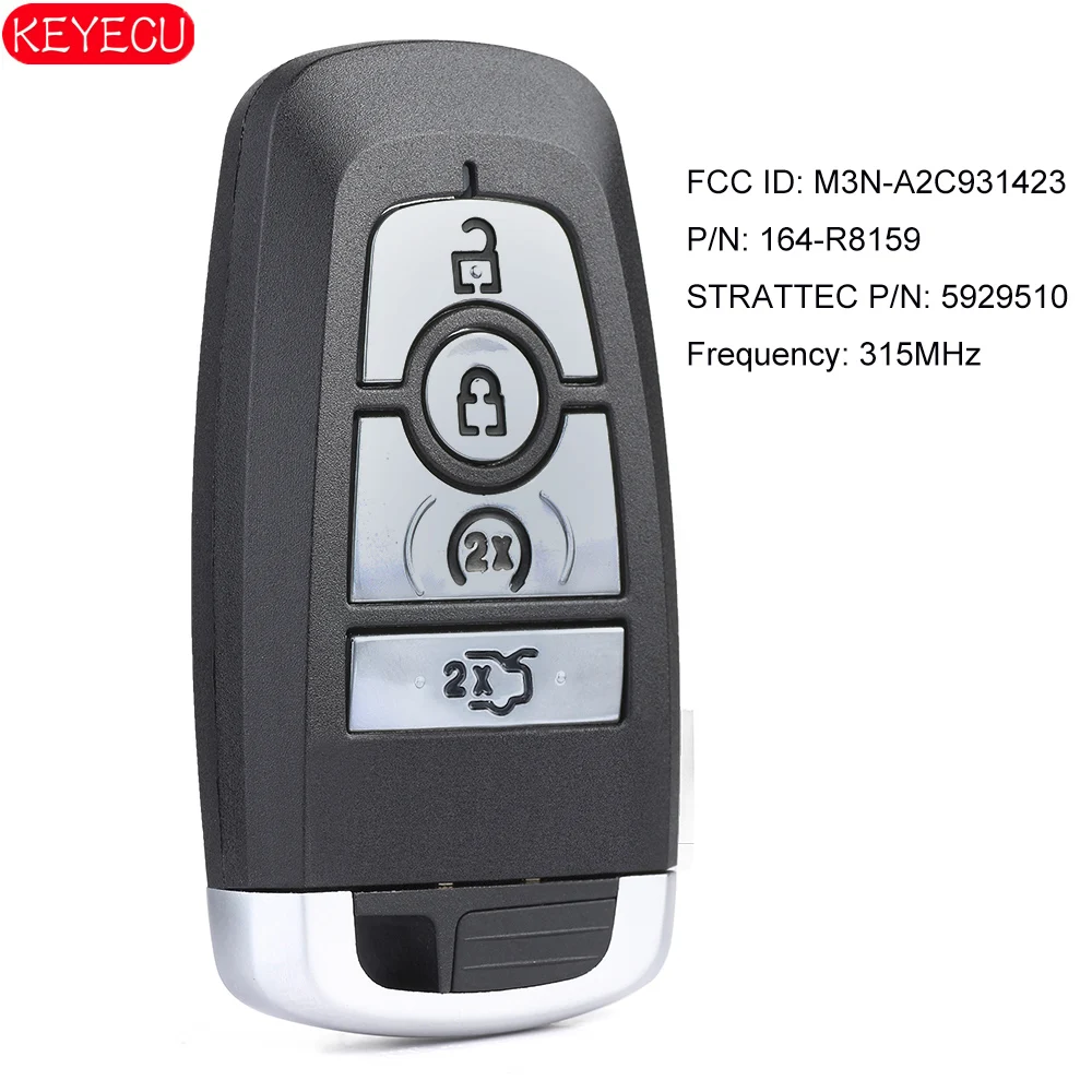 

KEYECU Smart 4B Remote Key Fob 315MHz/433MHz/868MHz /433.92MHz for Ford Mustang 2017-2018 P/N:164-R8159 FCCID: M3N-A2C931423