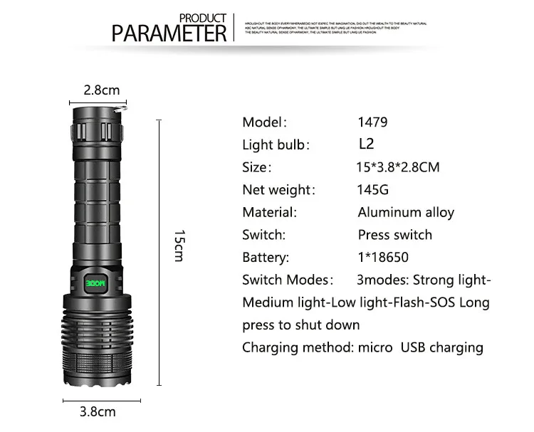 LED Flashlight Ultra Bright Torch L2/P70 Camping Light 5 Switch Modes Waterproof Zoomable Portable USB Rechargable Lamp | Освещение
