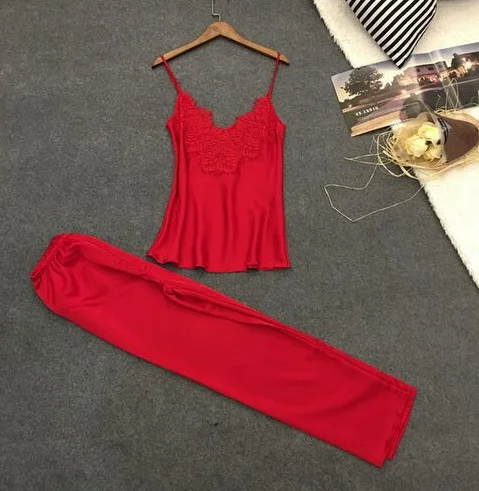 

Two Piece Pajamas women's wear European and American fashion lace ice silk home wear suspender Pants Set