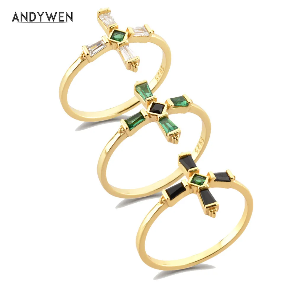 ANDYWEN 925 Sterling Silver Cross White Green Black Ring Size Women Luxury Slim Ring Jewelry For Rock Punk Wedding Jewelry Gift