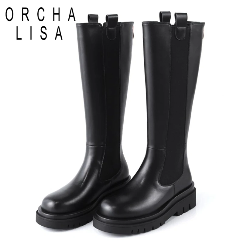 

ORCHALISA Size 33-43 Fashion Genuine Leather Boots Women Thick Sole Chelsea British Style Winter Platform Ankle Knee High Bootie