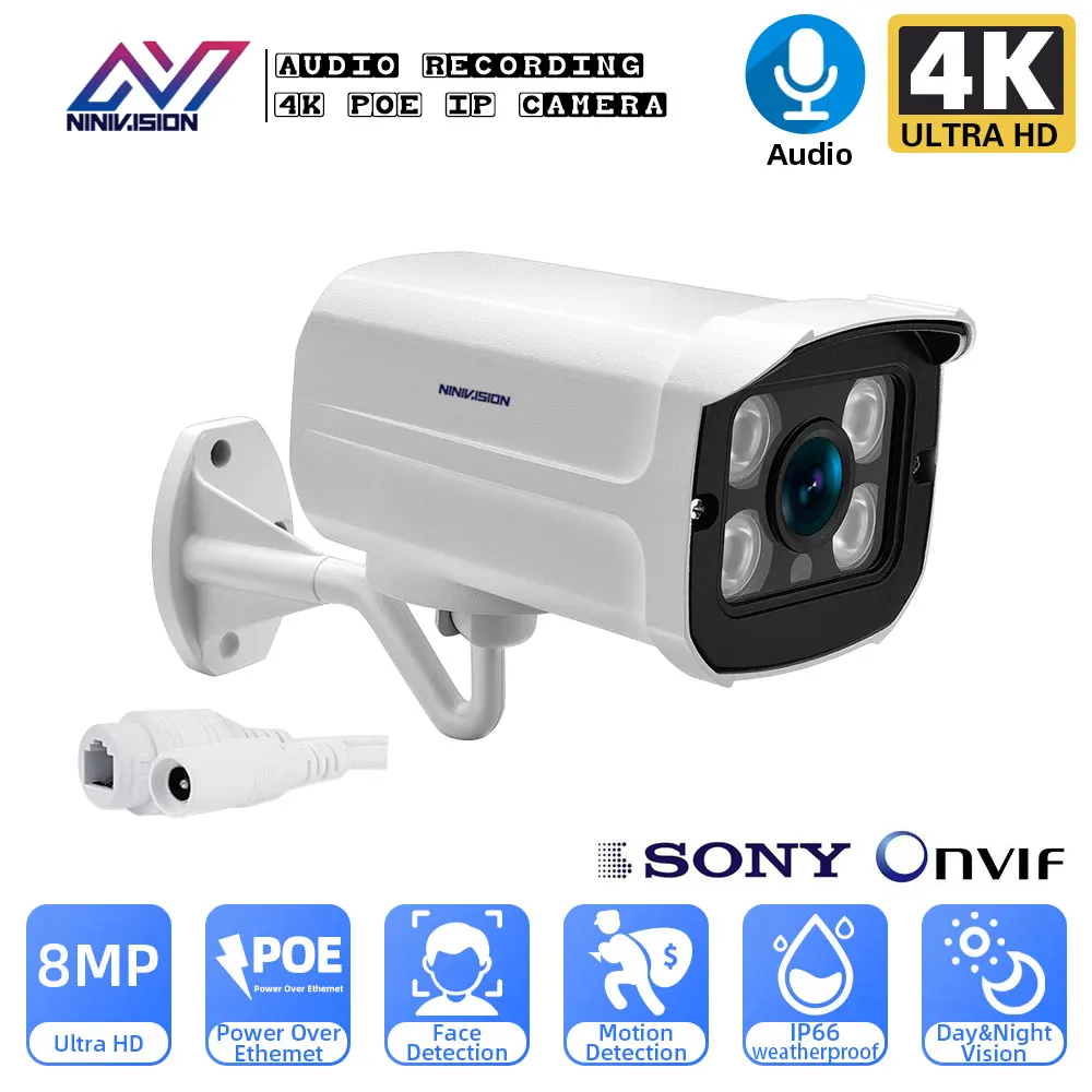 

Камера Наружного видеонаблюдения AHCVBIVN 4K 8 Мп, погодозащищенная IP-камера POE H.265 CCTV со встроенным микрофоном, IP 66 ONVIF IR 30m P2P