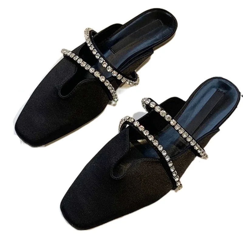 

Женские летние туфли без шнуровки, однотонные туфли из флока на среднем каблуке с кристаллами и закрытым носком, дышащие тапочки на квадрат...