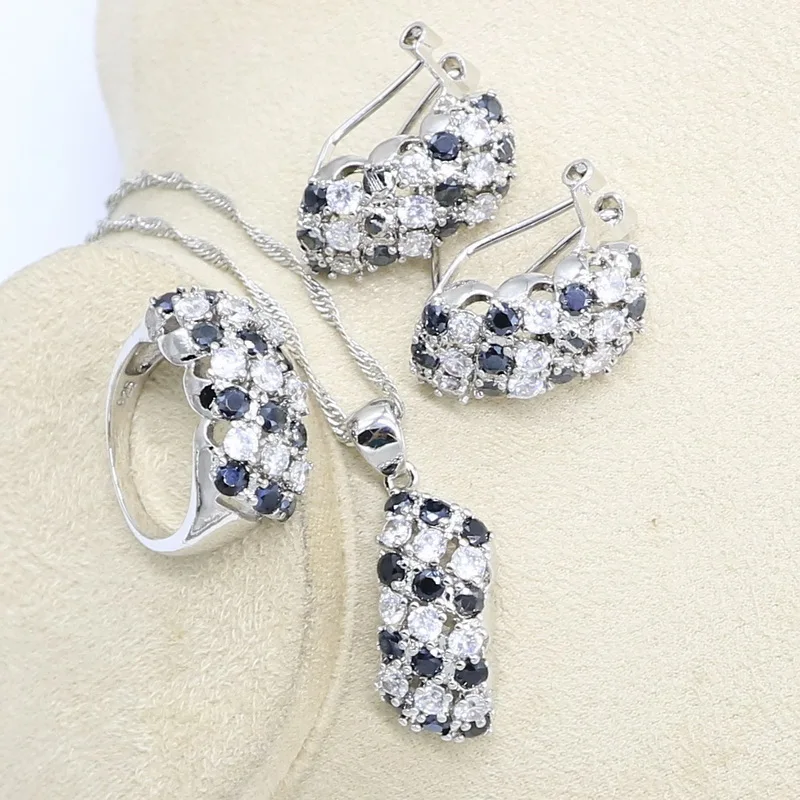 Серебряный цвет свадебный браслет черный циркон кольцо серьги ожерелье подвеска