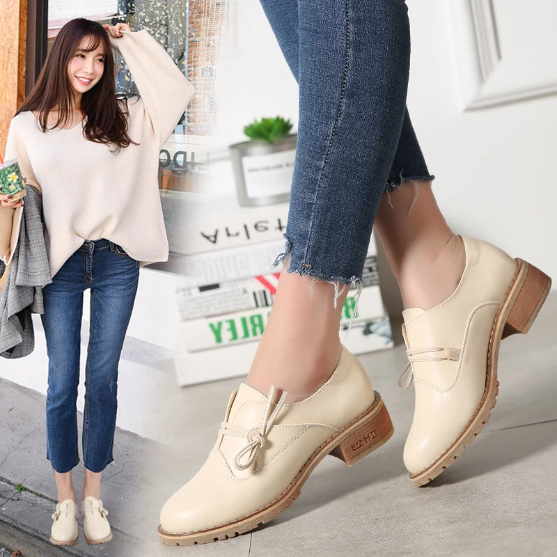 

2020 new four seasons beige casual women's leather shoes fashion British retro work shoes non-slip wear-resistant Oxford shoes