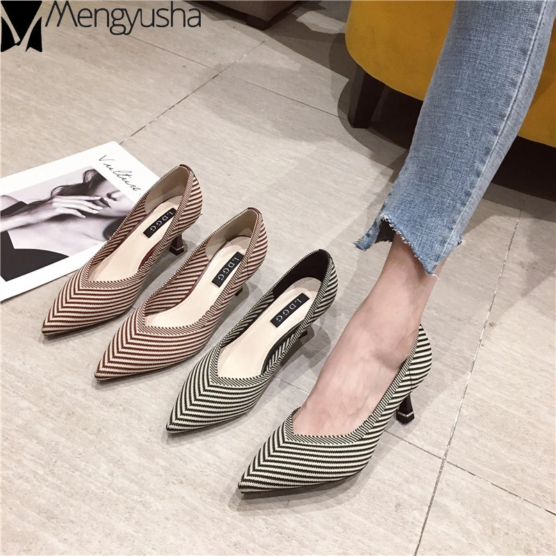 Geometric patterns stripe thin high heels pointed toe cloth knitting pumps korean qualities women shoes shallow female footwear | Обувь
