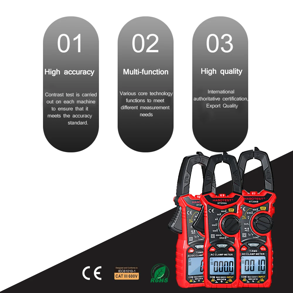 HABOTEST HT206A/HT206B/HT206D AC/DC Цифровой клещи для измерения напряжения переменного/постоянного тока, переменного/постоянного тока, NCV зажим мультиметр