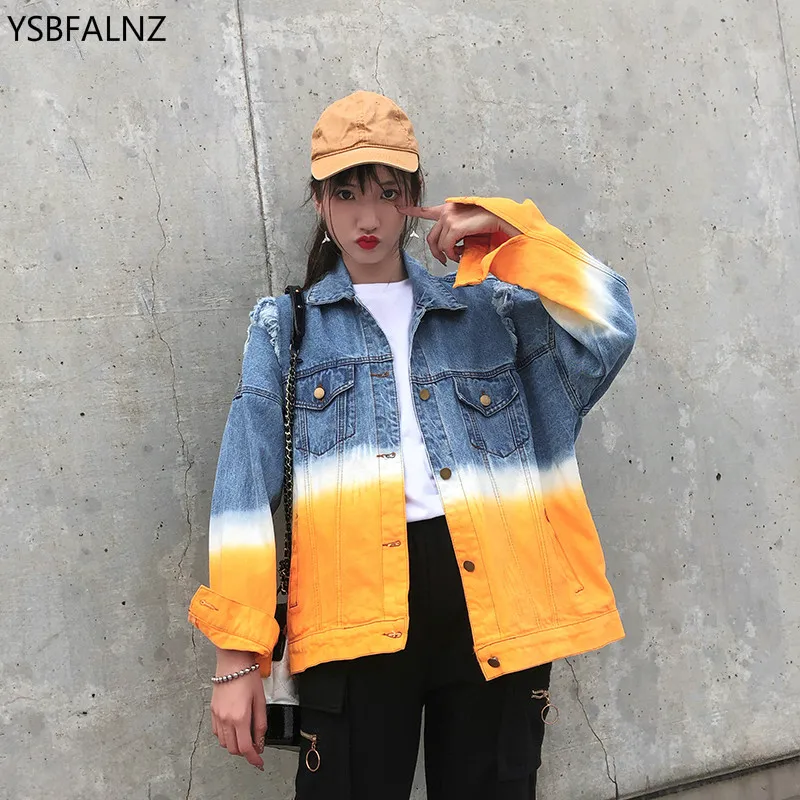 Женская джинсовая куртка с отложным воротником свободная из денима цветными