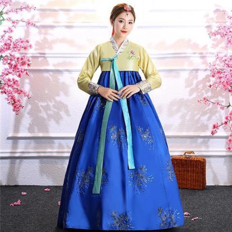 

Sequined Korean traditional costume hanbok female Korea palace costume hanbok dress national dance stage show Big swing skirt