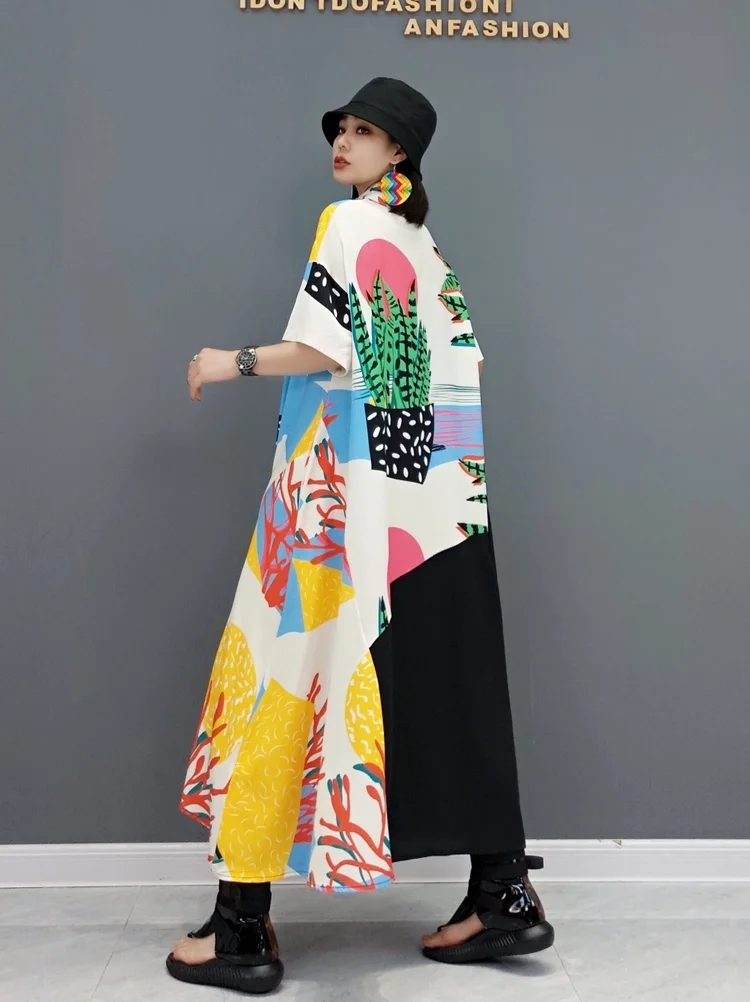 

Vefadisa Newest 2021 Summer Women Dress Plus Size Printed Cactus Long Dress Yellow Splicing dress Girls TT001