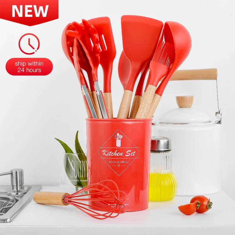 Новый красный 12 шт набор силиконовой кухонной утвари инструментов для