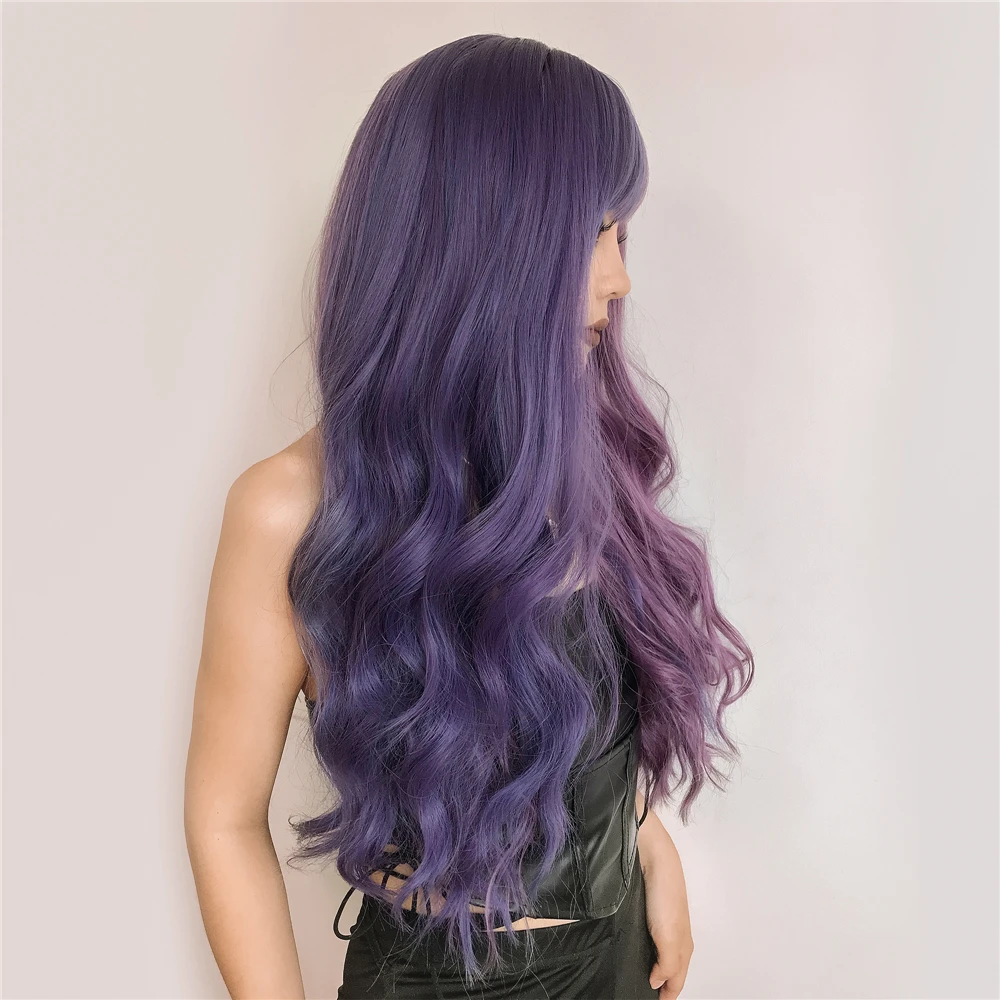 Purple Long Wavy Synthetic Wig with Bangs Cosplay Christmas Halloween Hair Two Tone Ombre Wig For Women Deep Wave Heat Resistant