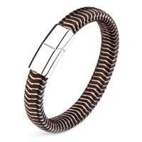 brown genuine leather bracelet stainless steel white stripes magnetic clasp charm simple braided accessories for men