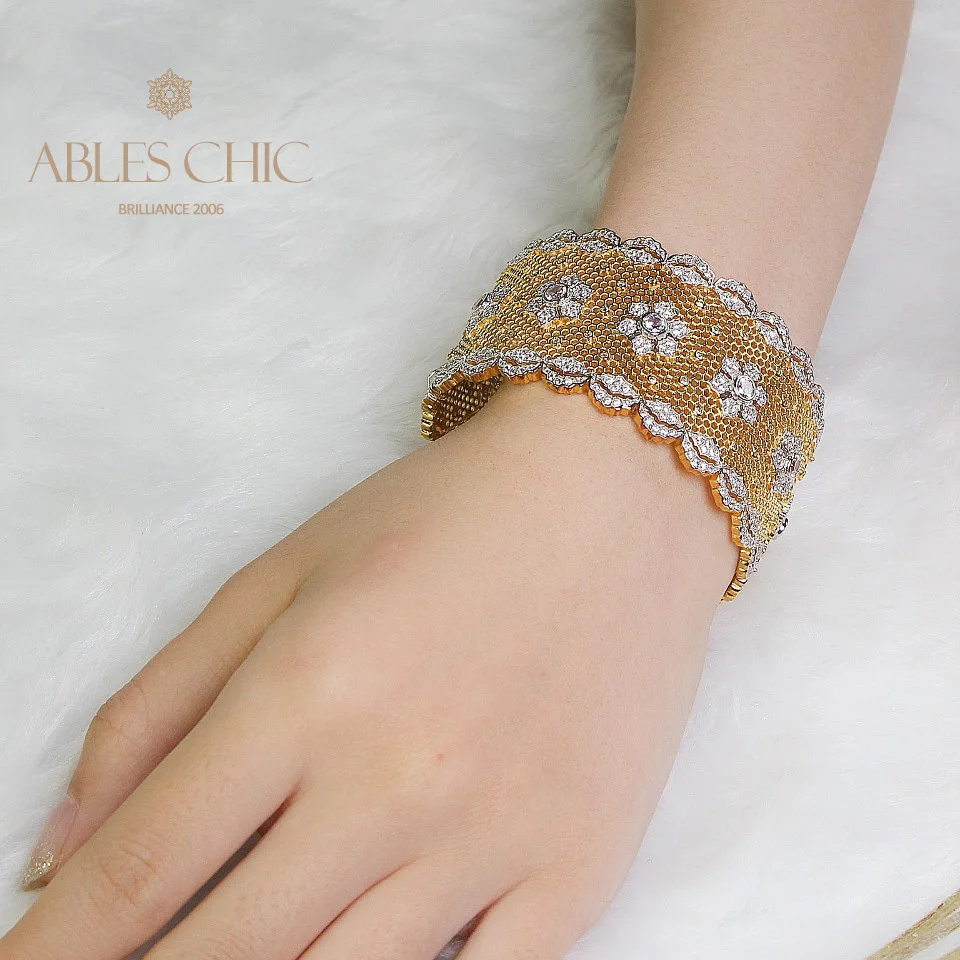 

Sterling Silver Lace Pattern Wide Bangle 18K Gold Tone Flower Element Open Cuff Renaissance 2021CZ Bracelet Premium Fine Jewelry