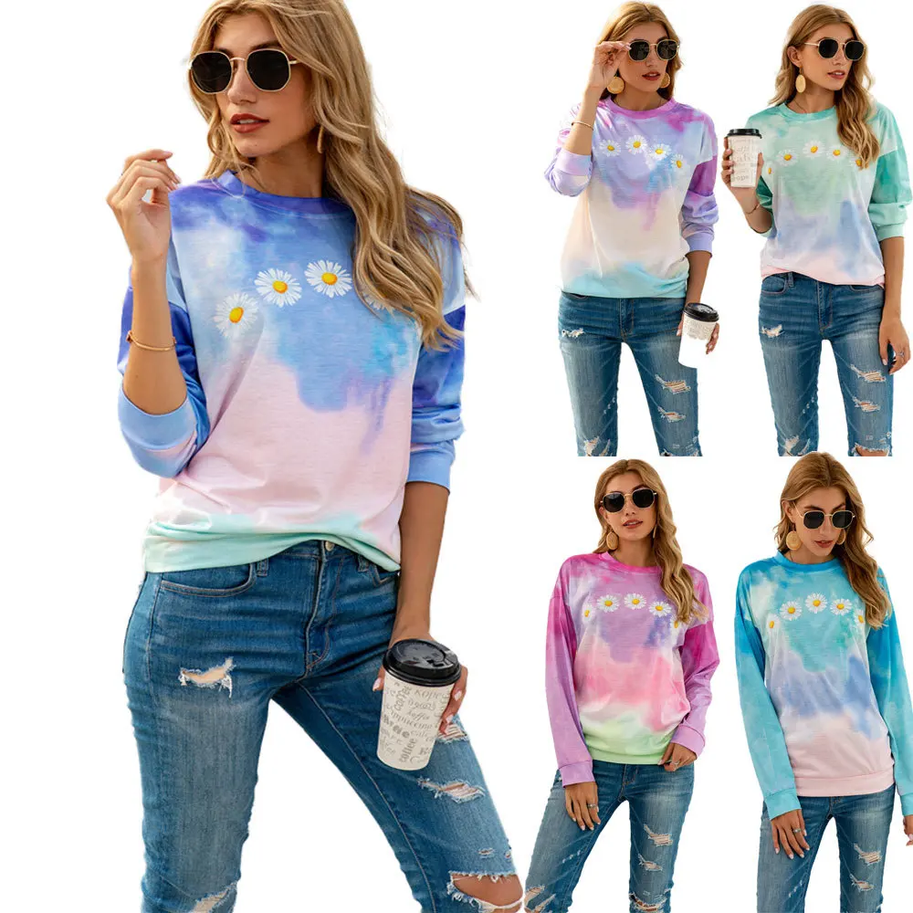 Тай-дай печати с капюшоном для женщин длинным рукавом Новая мода 2021 весенние