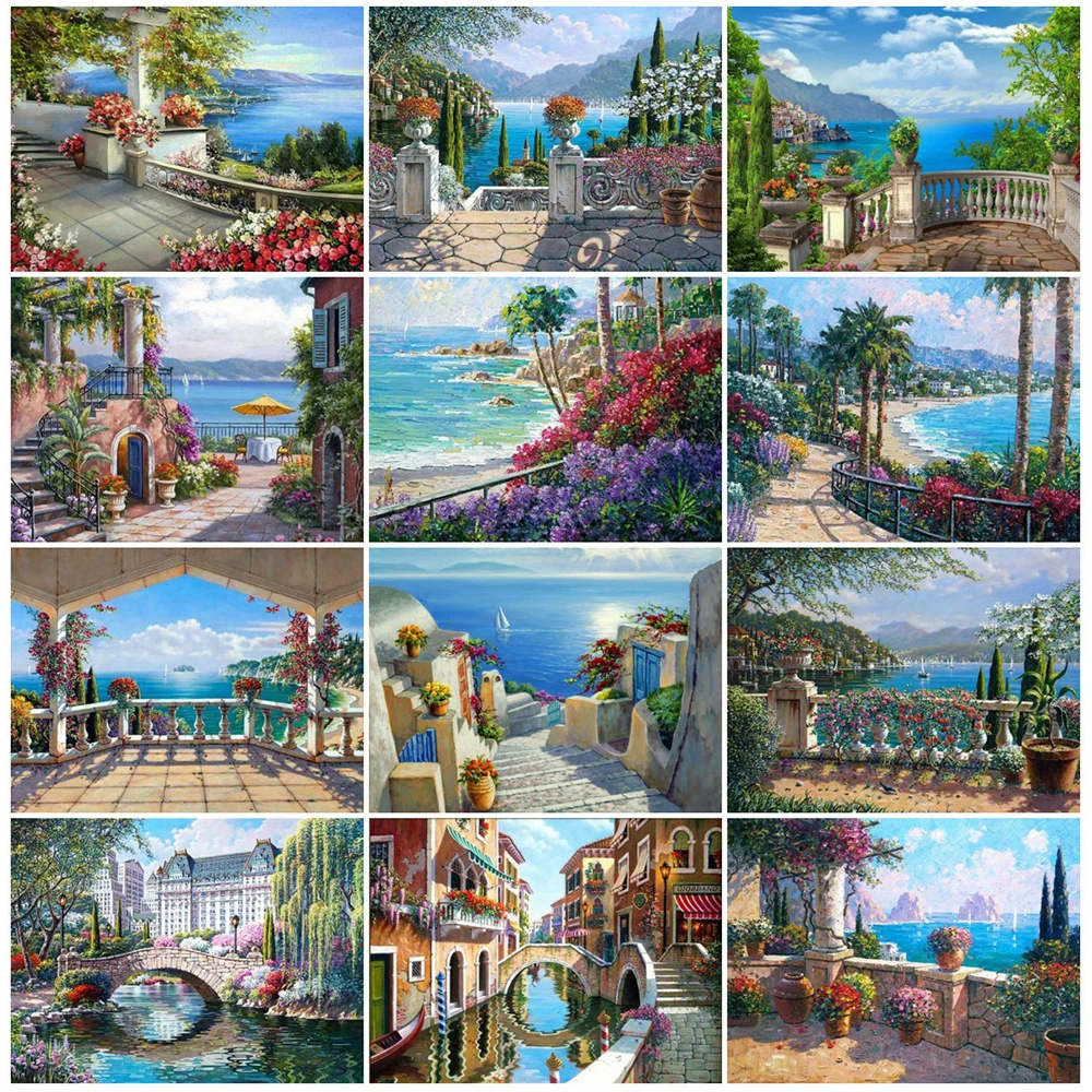 

EverShine Diamond Mosaic Town Bead Embroidery Diamond Painting Full Square Drill Landscape Picture Of Rhinestones Sea Needlework
