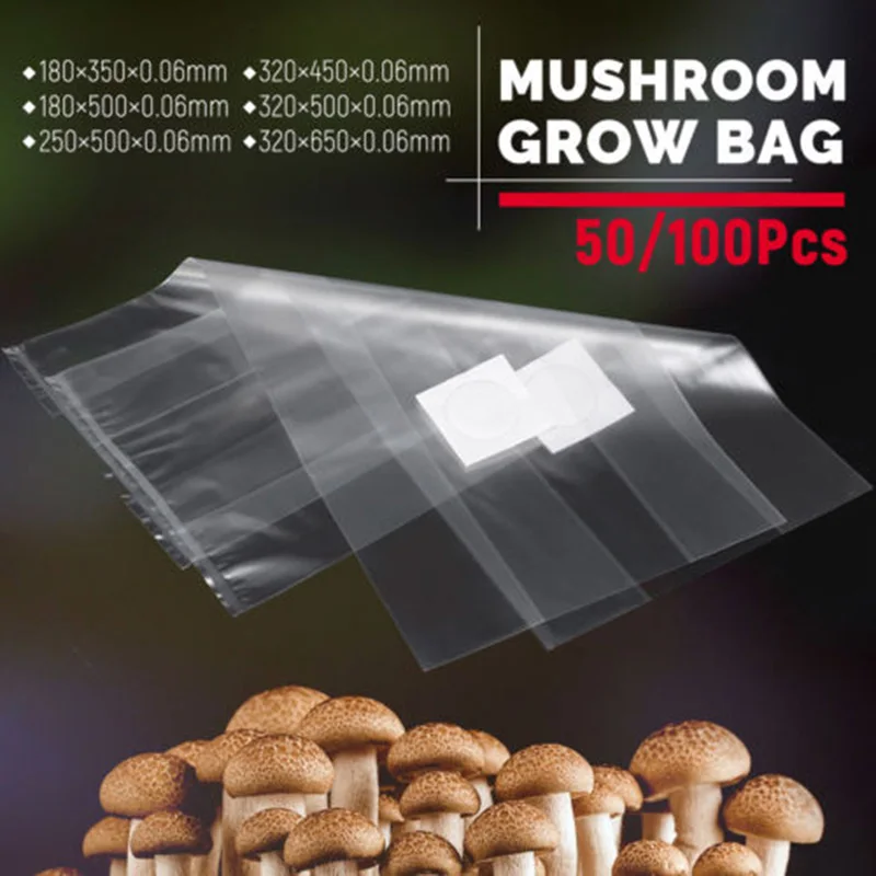 

6 Sizes PVC Mushroom Spawn Grow Bag Substrate High Temp Pre Sealable 50/100PCS High Temperature Resistant Bacteria Bag