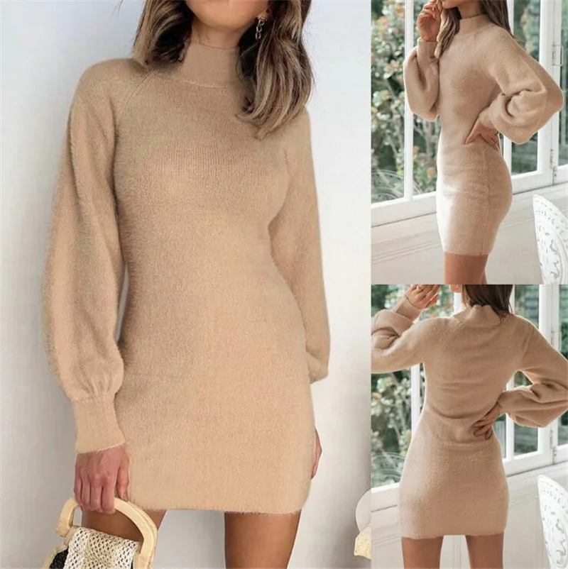 

Summer Dress Casual Solid Mid High Neck Waist Long Sleeve Dress