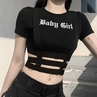 womens y2k letter printed round neck short sleeve crop top tee t shirt straps hollow out tshirts streetwear funny graphic shirts