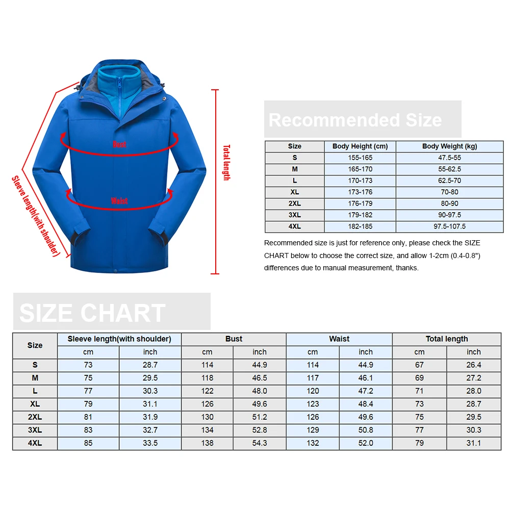 

3 in 1 Outdoor Jackets Softshell Windbreaker Waterproof Hooded Rain Coat Warm Fleece Jackets Men Women Skiing Climbing Traveling