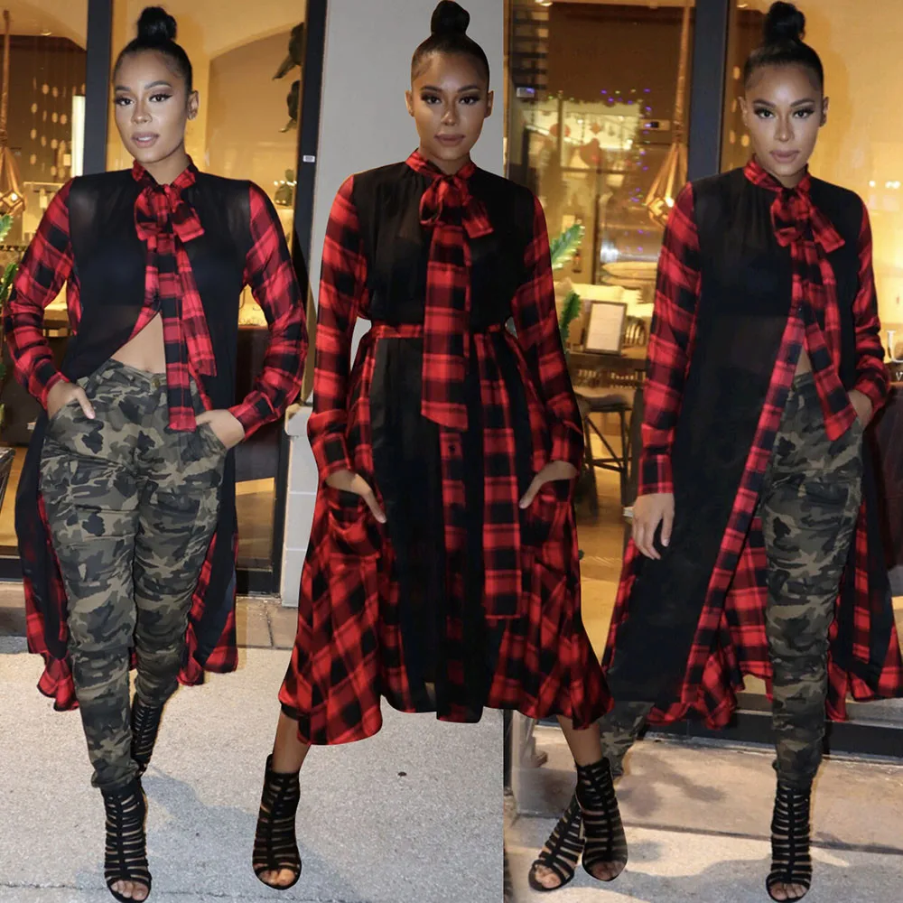 Весеннее красное черное клетчатое длинное платье рубашка женское с длинным