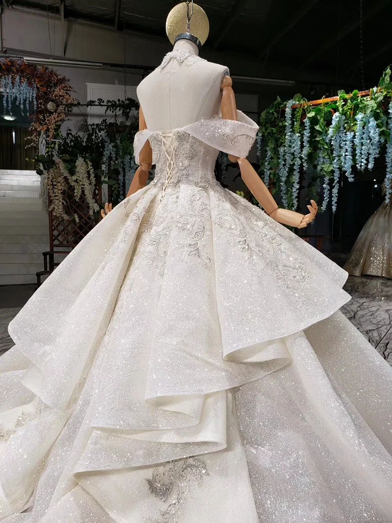 HTL988 vestido de noiva, свадебные платья принцессы, блестящее свадебное платье с открытыми плечами, воротником из бисера, цепочкой, королевским шлейфом, trajes de novia