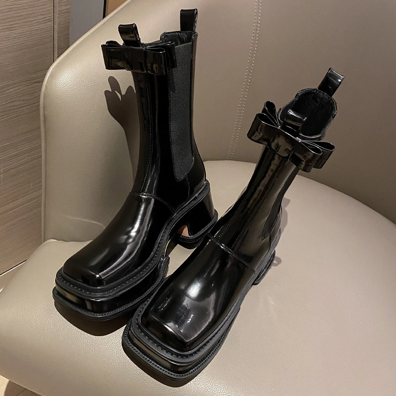 Modern Boots New Women's Autumn and Winter Round Head Side Zipper Lace Up Middle Leg Gothic Boot Platform Kawaii Botas Mujer