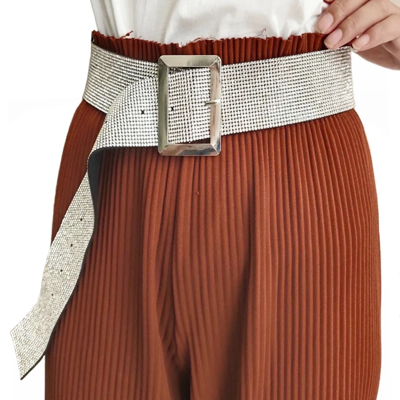 Новый Популярный роскошный женский широкий ремень с кристаллами серебряные