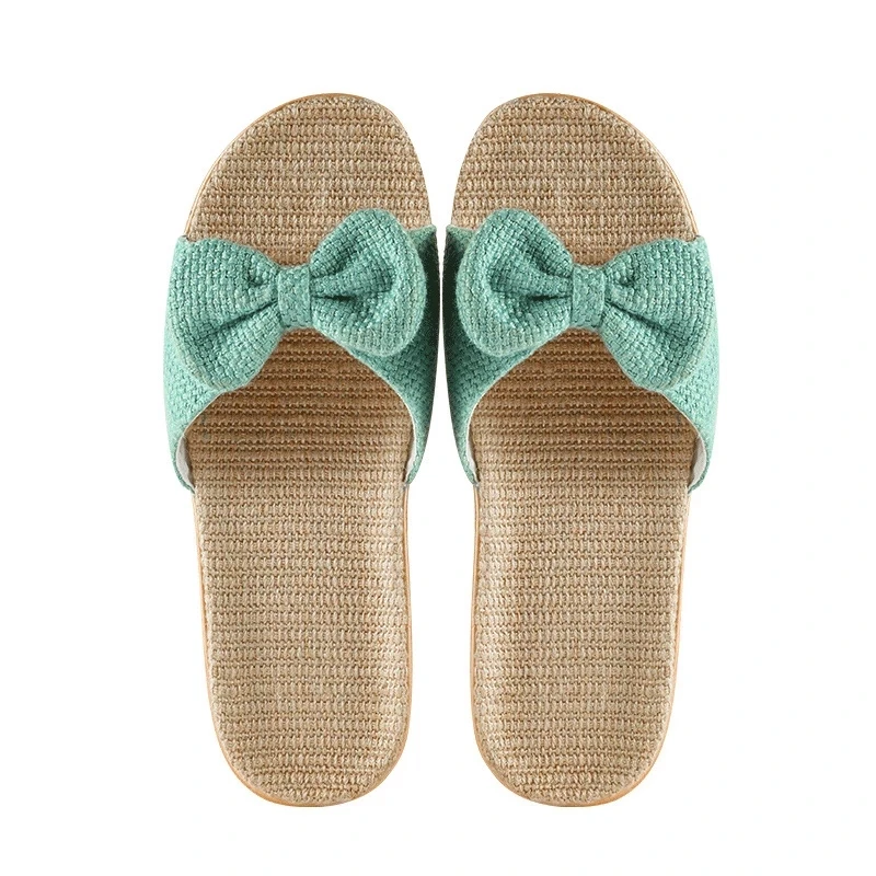

Women Bow Slippers Summer Breathable Linen Indoor Shoes Female Home Casual Slides Flax Flip Flops Ladies Flat Sandals