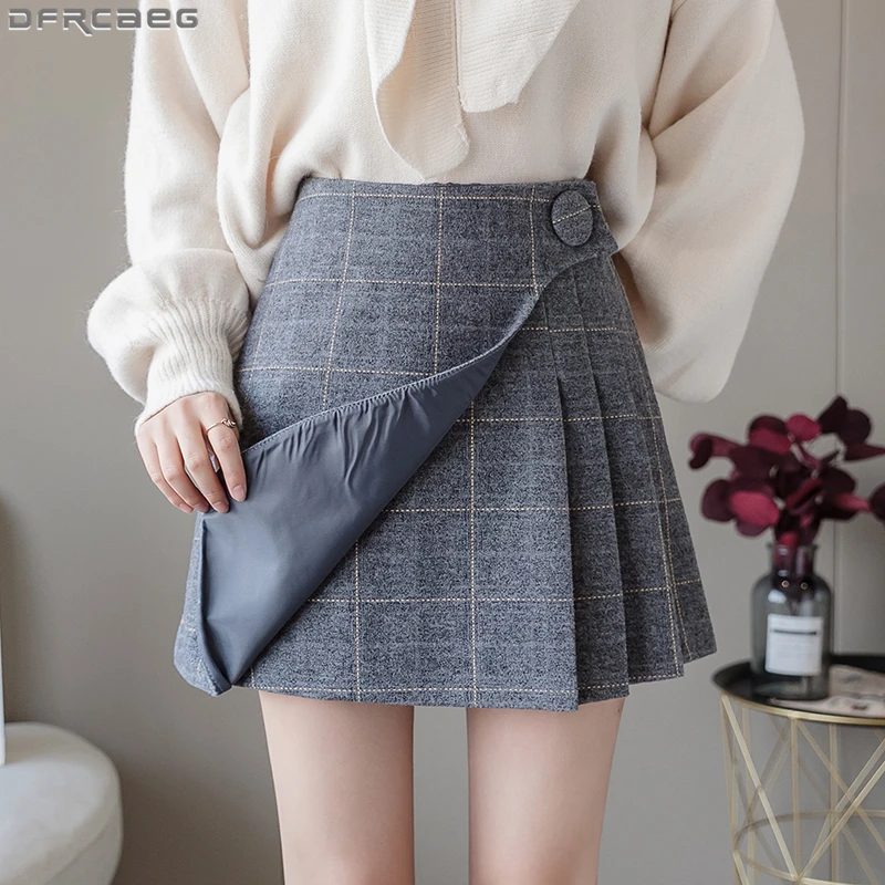 Женская клетчатая юбка с оборками теплая шерстяная плиссированная А-силуэта в