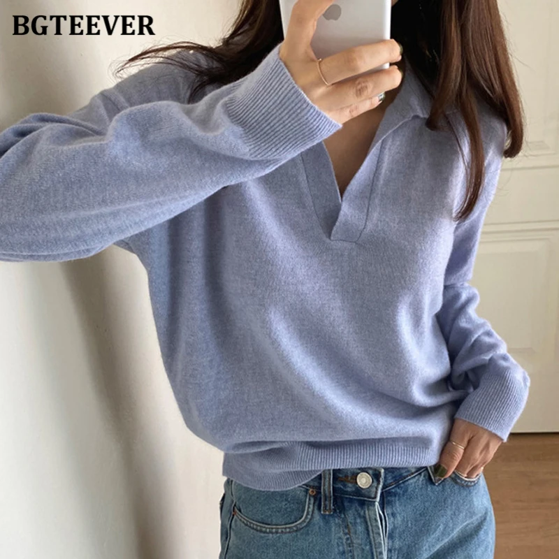 

BGTEEVER Chic Lapel Women Sweaters Jumpers Long Sleeve Loose Female Knitted Pullovers 2021 Autumn Winter Ladies Knitwear