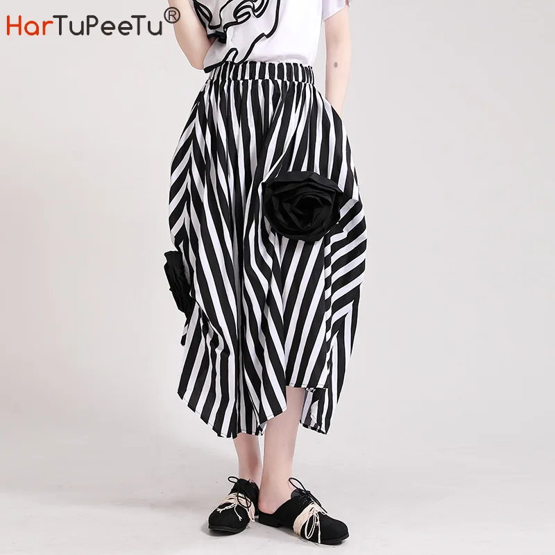 Striped Skirt Midi Women Summer 2022 with 3D Bud Decorate Irregular Shirring Design 3 Colours Loose Vestido Mujer